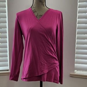 .L.L. Bean faux wrap cotton mix long sleeve magenta v neck shirt